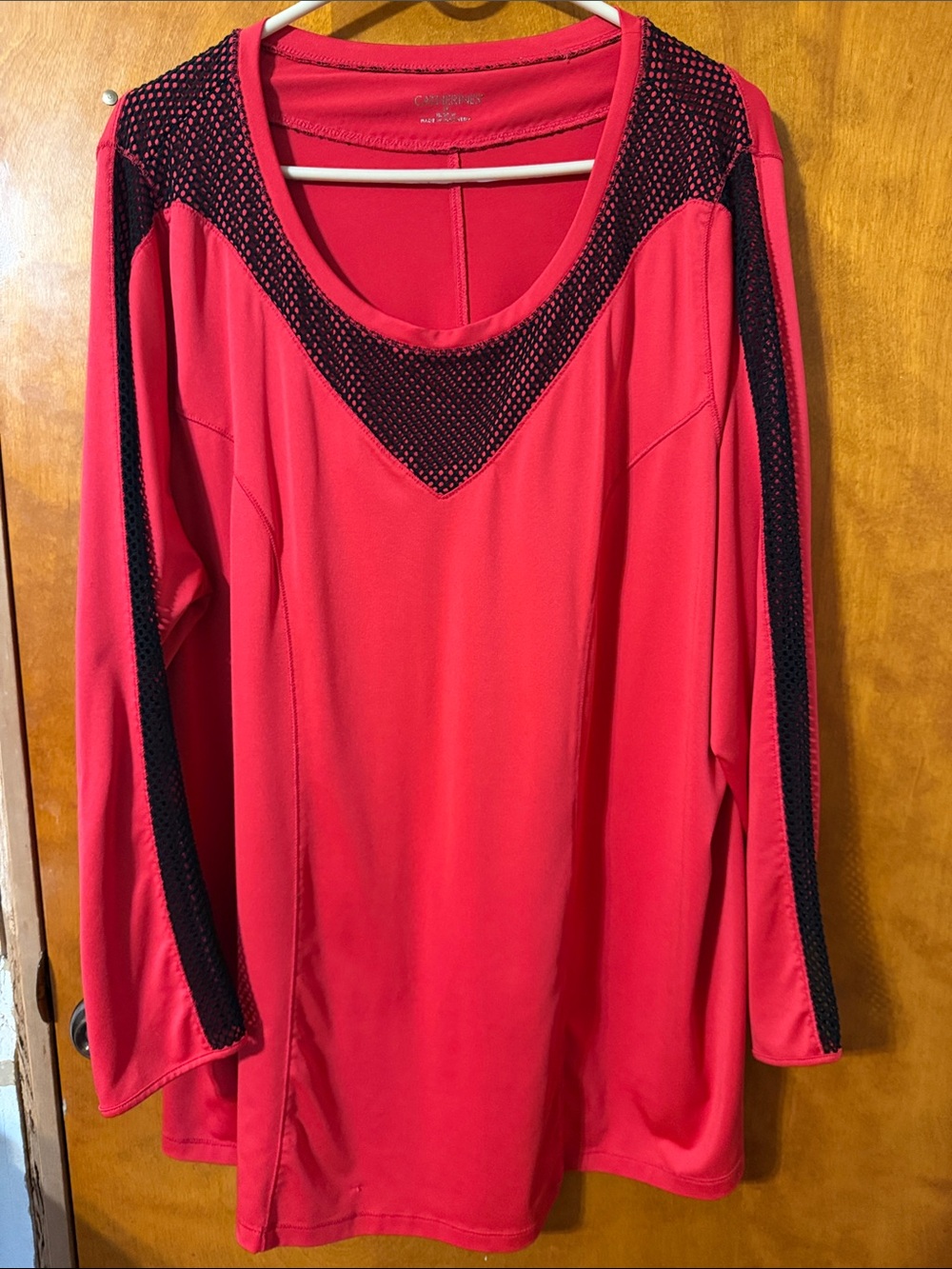 Catherines Bright Red Long Sleeve Scoop Neck Top with Black Mesh Trim